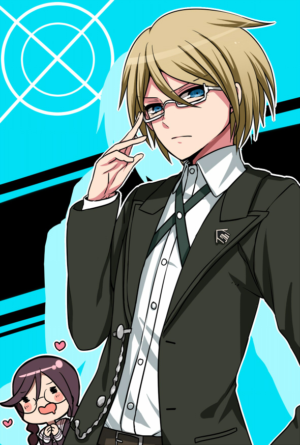 1boy, 1girl, adjusting_eyewear, bangs, belt, bespectacled, black_background, black_shirt