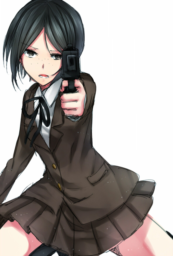 1girl, aiming_at_viewer, bangs, black_eyes, black_hair, black_legwear, black_ribbon, bob_cut