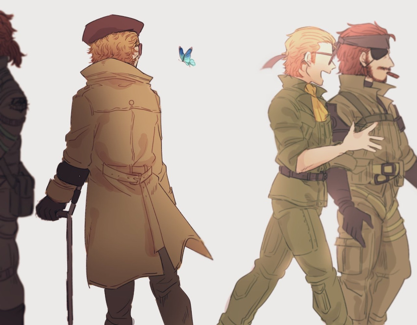 3boys, bandana, beard, belt, beret, big_boss, black_gloves, blonde_hair, blue_butterfly, blurry, brown_hair, bug, butterfly, cigar, coat, crutch, eyepatch, facial_hair, gloves, hat, headband, implied_yaoi, insect, kazuhira_miller, looking_at_animal, male_focus, metal_gear_(series), metal_gear_solid_peace_walker, metal_gear_solid_v, multiple_boys, mustache, mutsuki_(mutuki05), ponytail, simple_background, sunglasses, talking, venom_snake, walking, white_background, yellow_neckwear