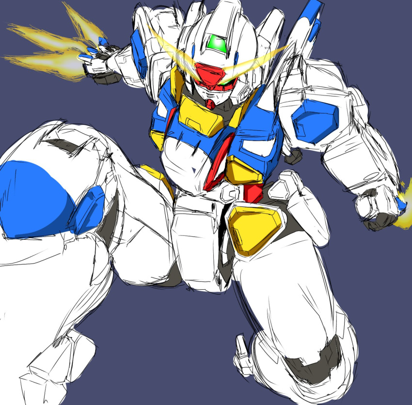 beginning_gundam, blue_background, clenched_hand, green_eyes, gundam, gunpla_builders_beginning_g, highres, holding