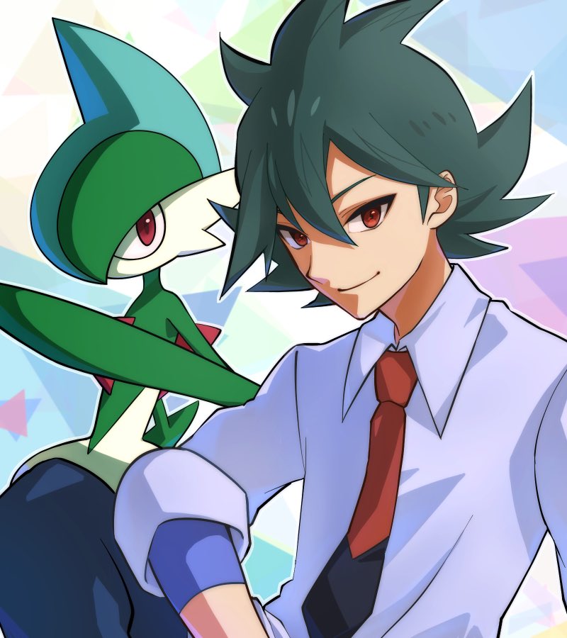 1boy, bangs, closed_mouth, collared_shirt, commentary_request, gallade, gen_4_pokemon, green_hair