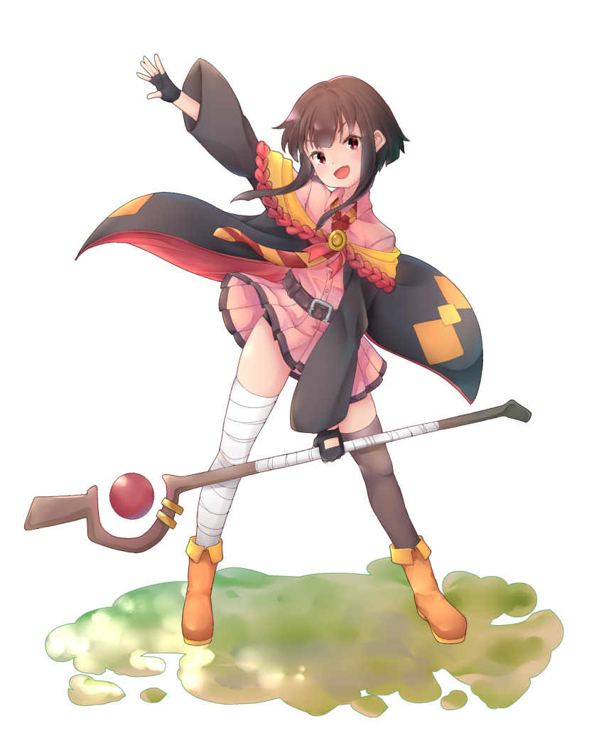 1girl, bandaged_leg, bandages, belt, black_hair, boots, brown_hair, button_eyes