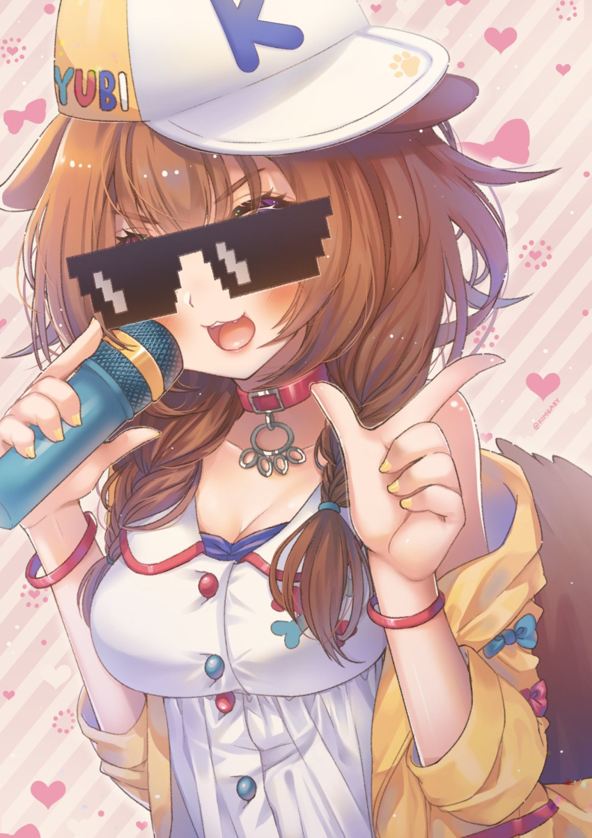 1girl, :3, :d, animal_collar, animal_ears, bangs, baseball_cap, blush