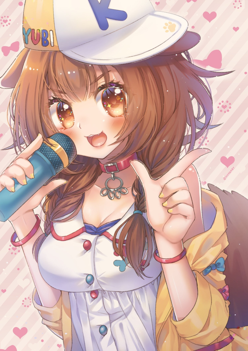 1girl, :3, :d, animal_collar, animal_ears, bangs, baseball_cap, blush
