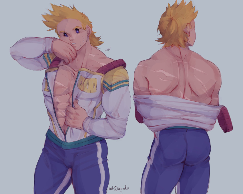 1boy, abs, addy_(@vegeebs), ass, bare_back, bare_pecs, blonde_hair, blue_eyes, boku_no_hero_academia, bulge, cheek_bulge, cowboy_shot, from_behind, highres, jacket, male_focus, multiple_views, muscular, muscular_male, open_clothes, open_jacket, pants, pectorals, scar, scar_on_arm, scar_on_back, scar_on_chest, short_hair, spiky_hair, stomach, thick_thighs, thighs, tight, tight_pants, togata_mirio, wiping_face, zipper