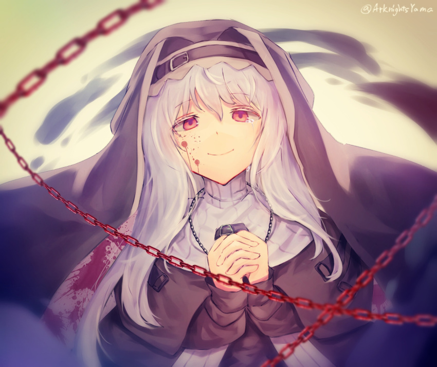 1girl, arknights, bangs, black_dress, blood, blood_on_face, chain, commentary_request, crying, crying_with_eyes_open, dress, eyebrows_visible_through_hair, gradient, gradient_background, grey_hair, habit, hair_between_eyes, hands_together, hands_up, highres, long_hair, long_sleeves, multicolored, multicolored_background, nun, off-shoulder_dress, off_shoulder, praying, red_eyes, ribbed_sweater, silver_hair, smile, solo, specter_(arknights), sweater, tears, upper_body, white_sweater, yama_yama2533