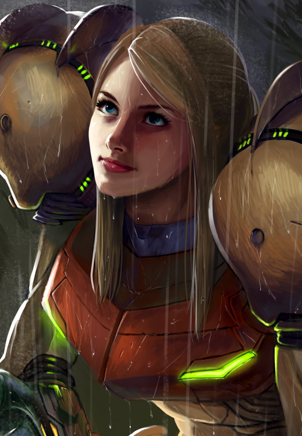 blue_eyes, ivan_flores, metroid, nintendo, rain, realistic, samus_aran, smile
