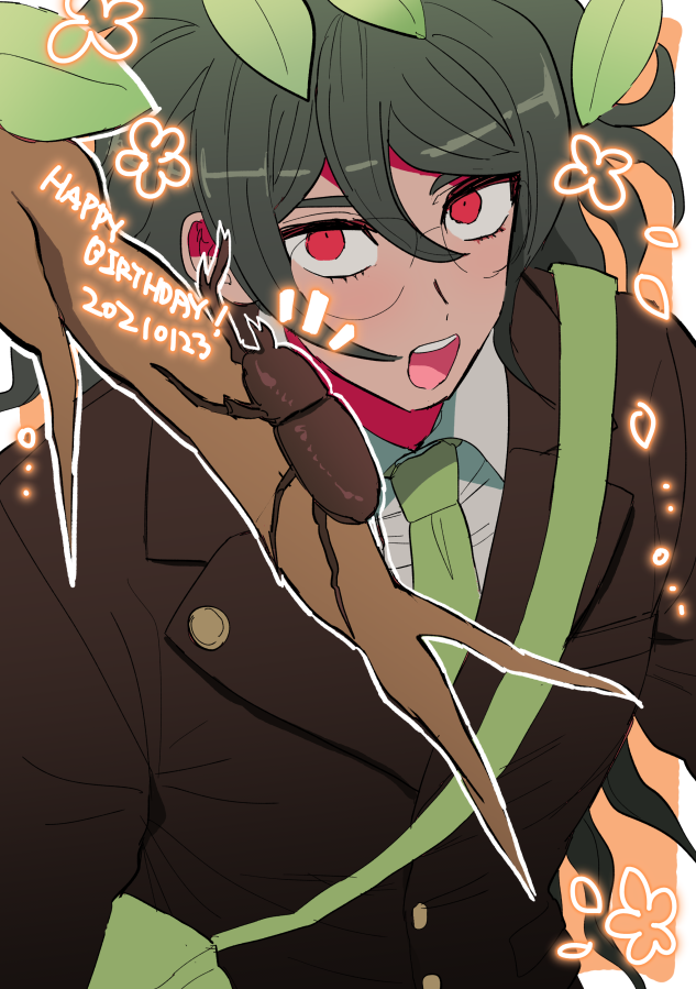 1boy, alternate_costume, bangs, border, bow, bug, buttons, collared_shirt, dangan_ronpa_(series), dangan_ronpa_v3:_killing_harmony, dated, formal, glasses, gokuhara_gonta, green_bow, green_hair, green_neckwear, hair_between_eyes, happy_birthday, hercules_beetle, jacket, leaf, long_hair, looking_at_viewer, male_focus, nabu_(d4ng4nn6bu12), necktie, open_mouth, red_eyes, school_uniform, shirt, smile, solo, upper_body, white_border, white_shirt