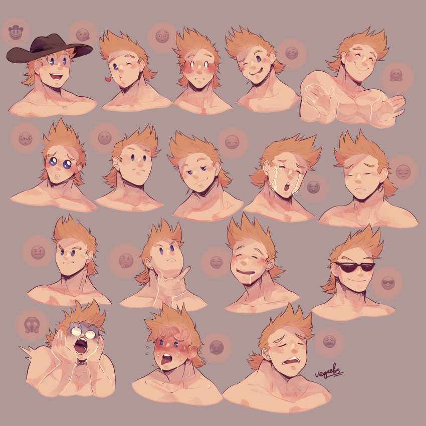 1boy, :/, :o, addy_(@vegeebs), ahegao, alternate_hairstyle, blonde_hair, blown_kiss