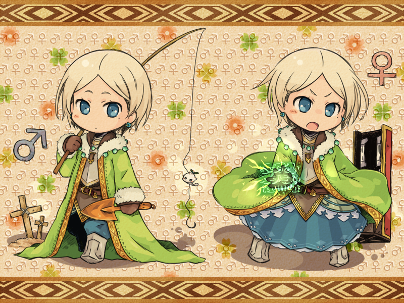 1boy, 1girl, blonde_hair, blue_eyes, blue_skirt, brown_gloves, chibi, clover