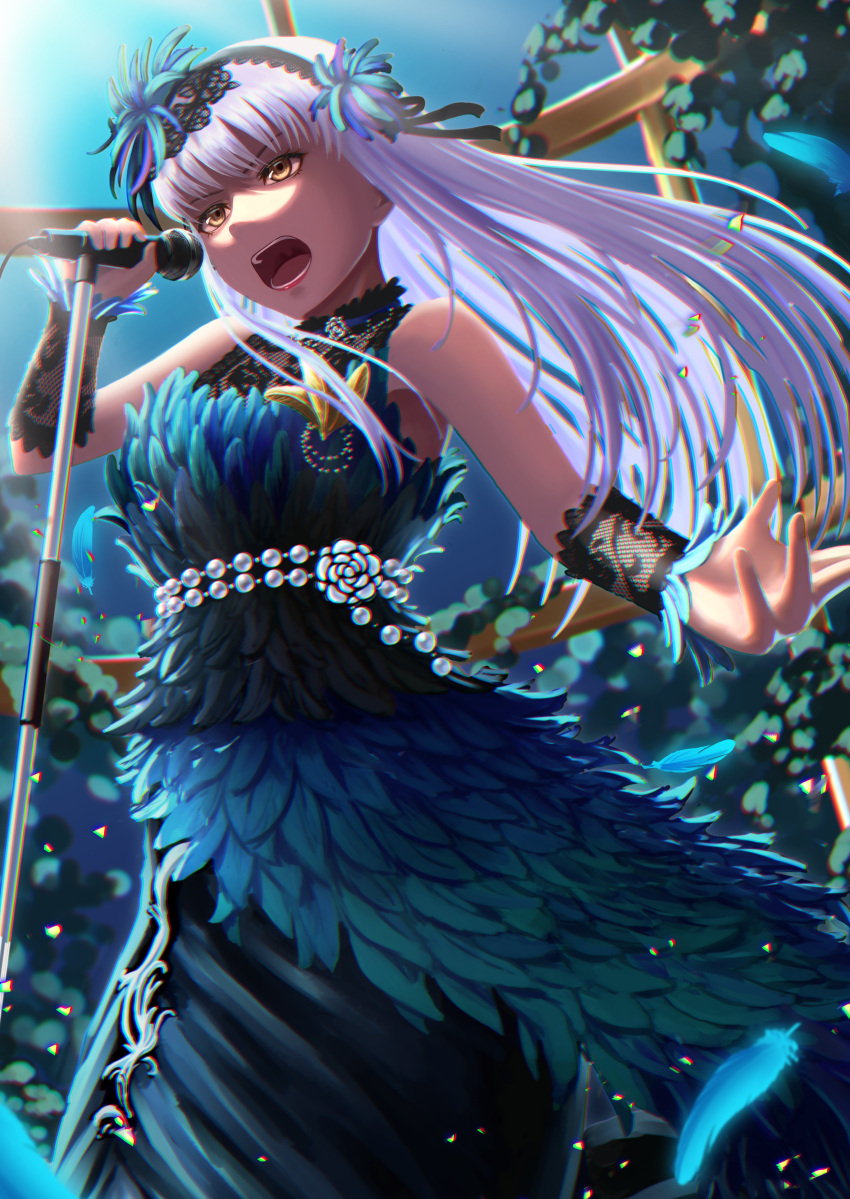 1girl, absurdres, alkham, bang_dream!, bangs, black_hairband, blue_dress, brown_eyes, dress, eyebrows_visible_through_hair, feather_dress, feathers, floating_hands, hairband, head_tilt, highres, holding, holding_microphone_stand, huge_filesize, long_hair, microphone, microphone_stand, minato_yukina, music, open_mouth, singing, sleeveless, sleeveless_dress, solo, v-shaped_eyebrows, wrist_cuffs