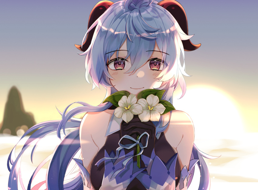 1girl, ahoge, bare_shoulders, bell, black_legwear, blue_hair, blush, breasts