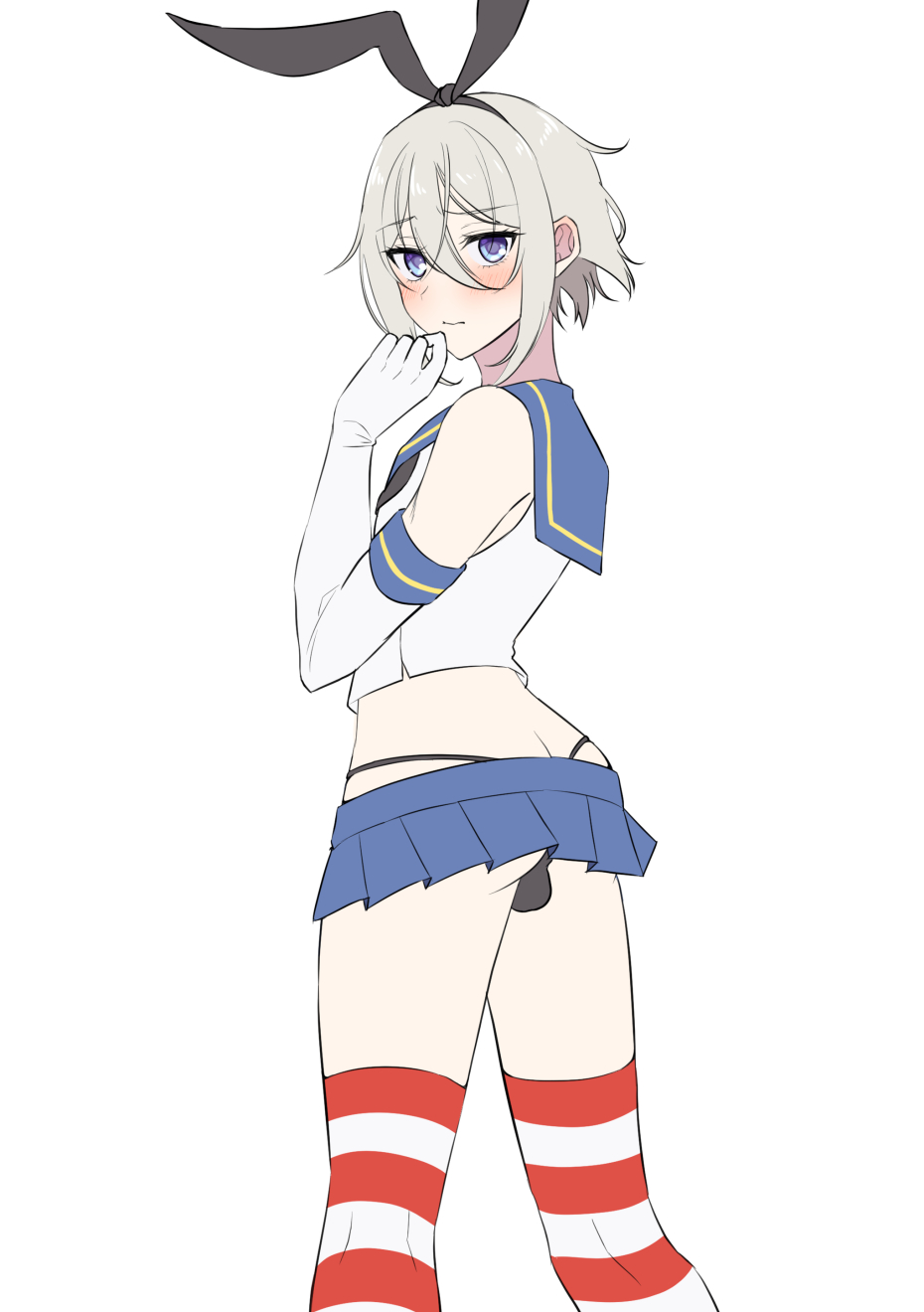 1boy, arched_back, bangs, black_panties, blue_eyes, blue_skirt, blush, butt_crack