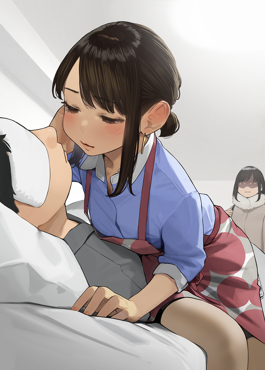 <o>_<o>, 1boy, 2girls, apron, bag, bangs, beige_coat, blush