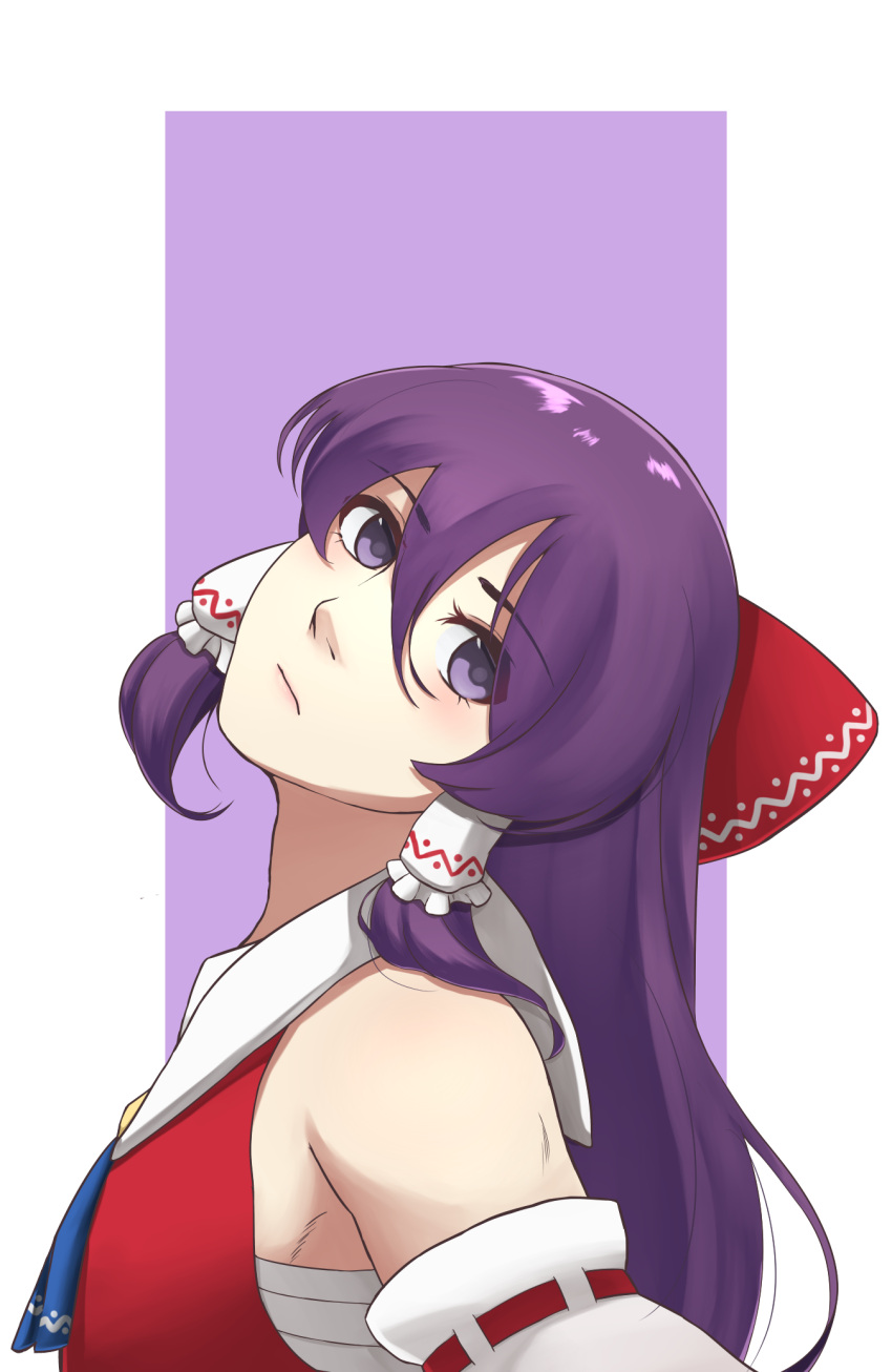 1boy, artist_request, bangs, blue_neckwear, border, bow, closed_mouth, commentary_request, cookie_(touhou), detached_sleeves, eyebrows_visible_through_hair, hair_between_eyes, hair_tubes, hakurei_reimu, head_tilt, highres, long_hair, looking_at_viewer, male_focus, mugi_(cookie), necktie, nontraditional_miko, otoko_no_ko, purple_background, purple_hair, red_bow, red_shirt, ribbon-trimmed_sleeves, ribbon_trim, sarashi, shirt, sleeveless, sleeveless_shirt, solo, touhou, upper_body, violet_eyes, white_border, white_sleeves