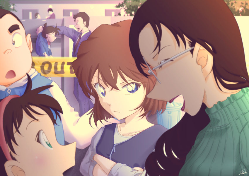 3boys, 3girls, absurdres, bangs, black-framed_eyewear, black_hair, blue_eyes, bow, bowtie, brown_hair, child, edogawa_conan, facial_hair, glasses, haibara_ai, hat, highres, jacket, kojima_genta, long_sleeves, meitantei_conan, mouri_kogoro, multiple_boys, multiple_girls, mustache, necktie, official_style, open_mouth, school_uniform, shirt, short_hair, shorts, smile, sooma4869, wakasa_rumi, white_shirt, yoshida_ayumi