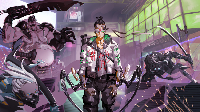 4boys, absurdres, android, arm_cannon, bent_over, blindfold, blue_eyes, city