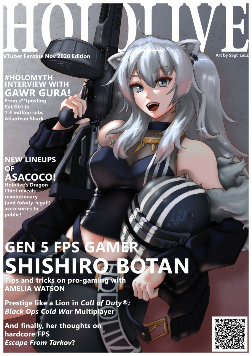 1girl, adidas, animal_ears, artist_name, assault_rifle, bare_shoulders, belt, belt_buckle