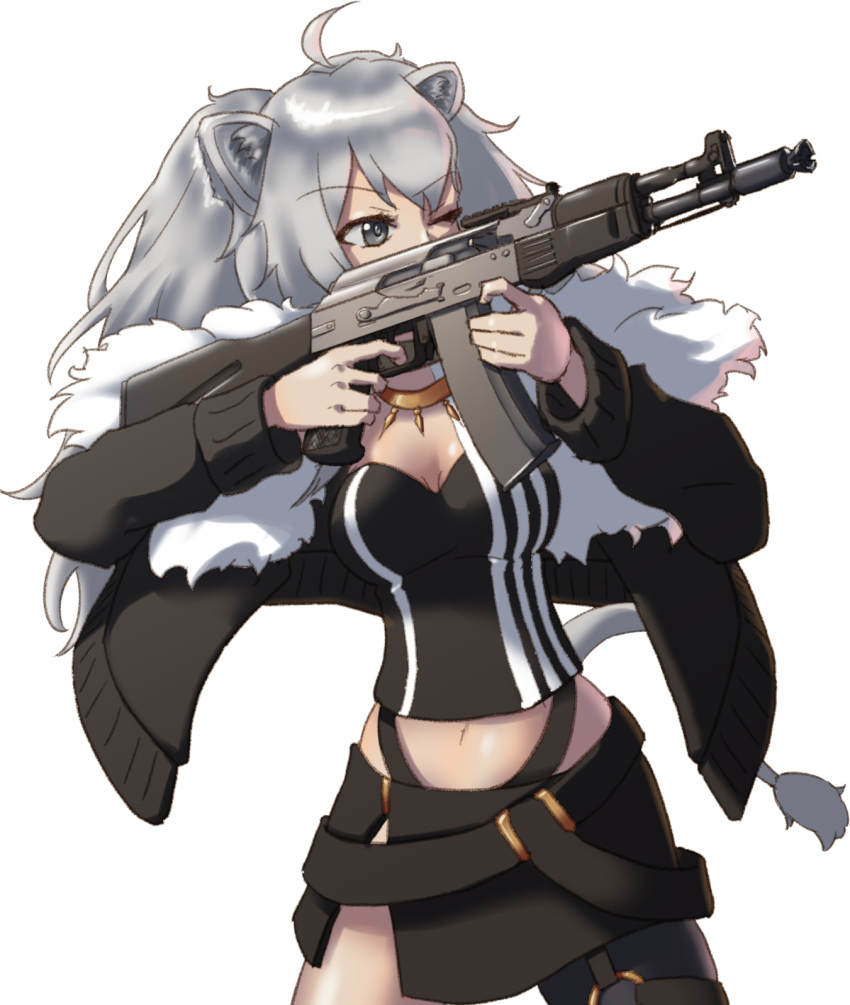 1girl, adidas, ahoge, aiming, ak-105, animal_ears, artist_name, assault_rifle