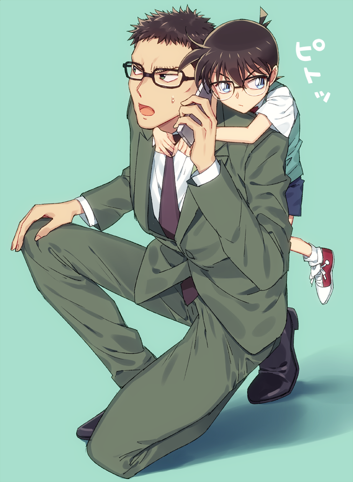 2boys, arm_around_neck, bangs, black-framed_eyewear, black_footwear, blue_eyes, blue_vest, bow