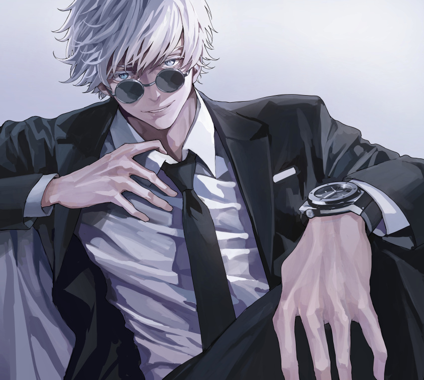 1boy, absurdres, black_jacket, black_neckwear, blue_eyes, eyebrows_behind_hair, formal, gojou_satoru, grey_background, hand_on_own_chest, highres, hublot, jacket, jujutsu_kaisen, koh_(minagi_kou), male_focus, necktie, parted_lips, round_eyewear, smile, solo, suit, sunglasses, watch, watch, white_hair