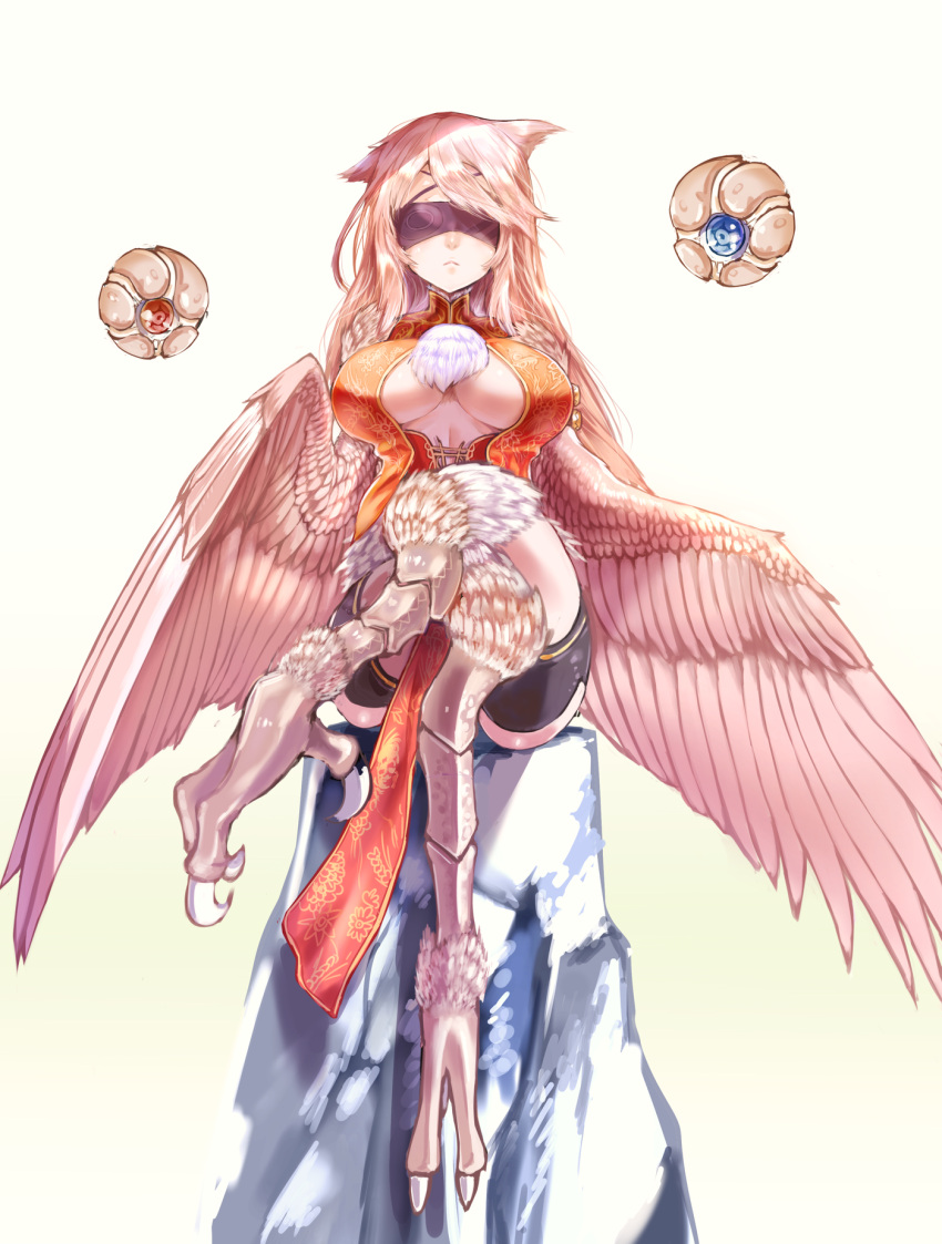 1girl, animal_ears, blindfold, breasts, commentary_request, crossed_legs, feathered_wings, feathers