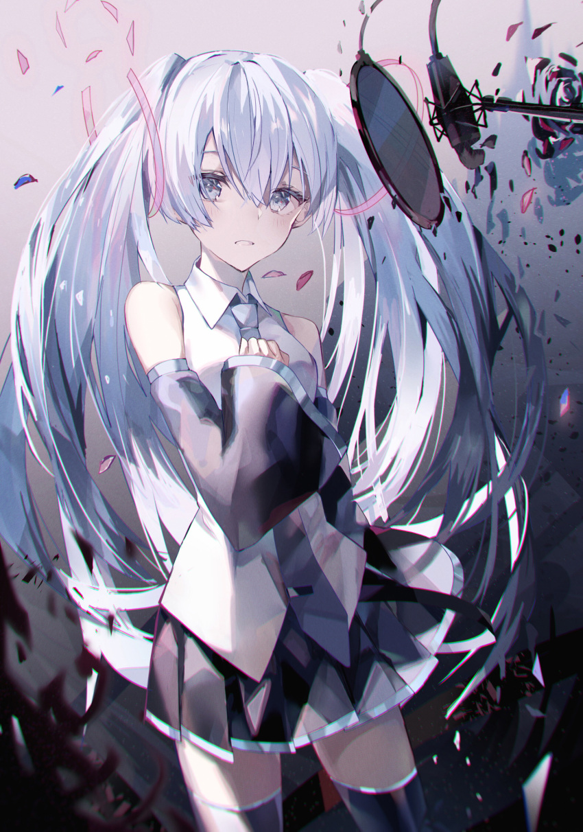 1girl, black_footwear, black_skirt, black_sleeves, blue_eyes, blue_hair, blue_neckwear, boots