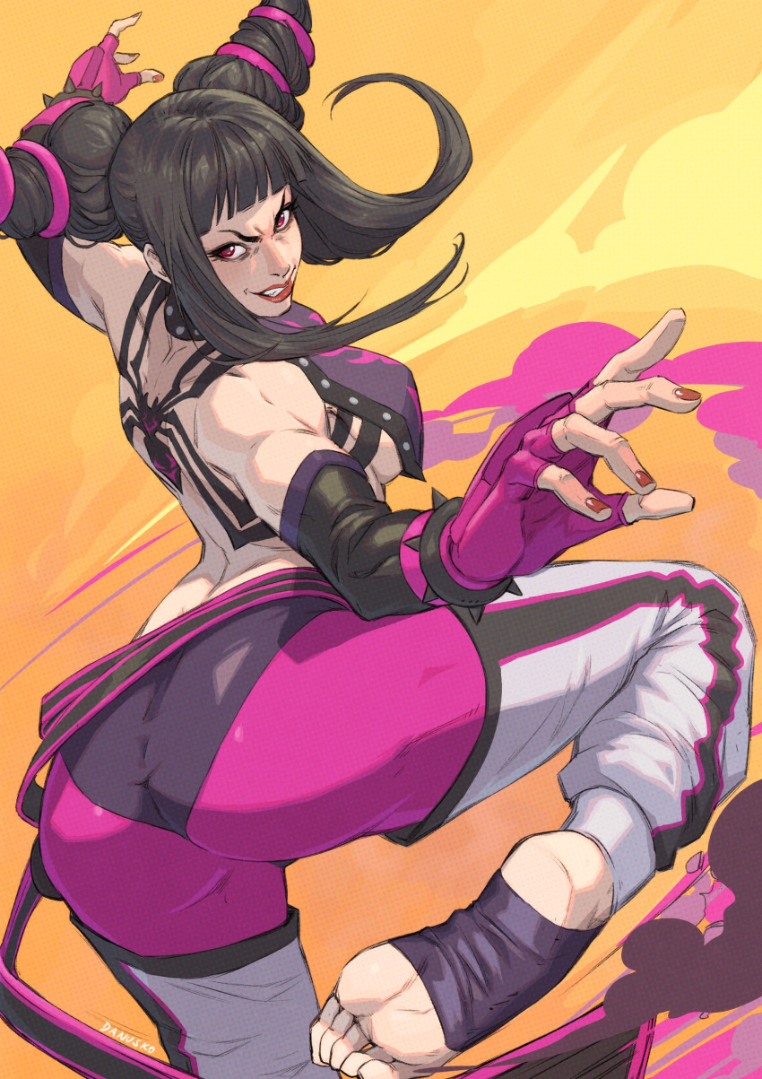 1girl, arched_back, ass, bangs, black_hair, blunt_bangs, bracelet, breasts