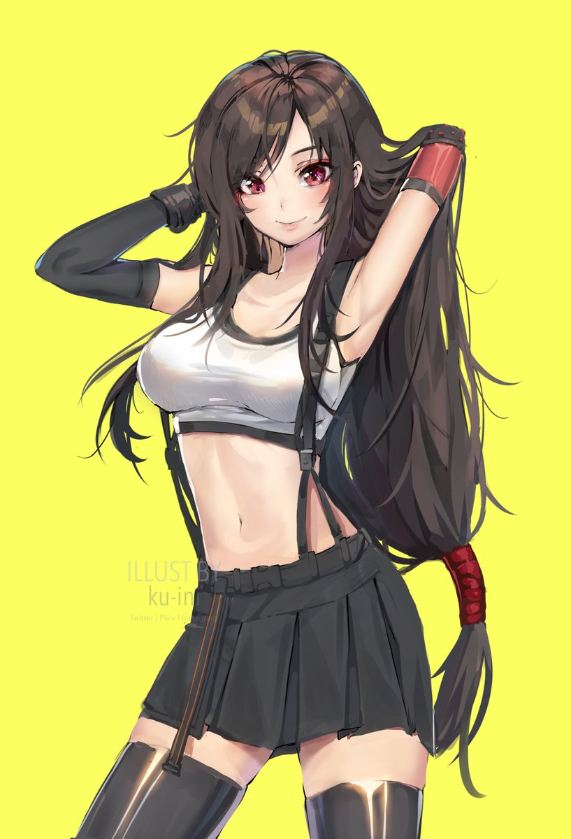1girl, arm_behind_head, armpits, arms_up, bare_shoulders, black_gloves, black_legwear, black_skirt