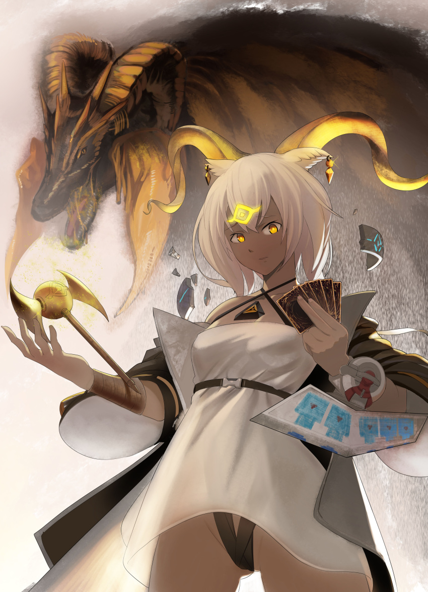 1girl, absurdres, animal_ears, arknights, bangs, beeswax_(arknights), black_jacket, card