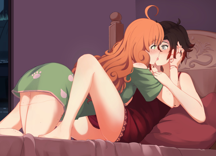 2girls, ahoge, ass, between_legs, black_hair, blush, doll_joints, eye_contact