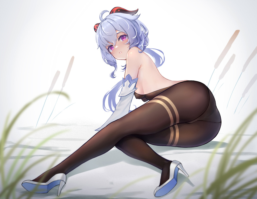 1girl, ahoge, ass, back, backless_leotard, bare_shoulders, blue_hair, blurry