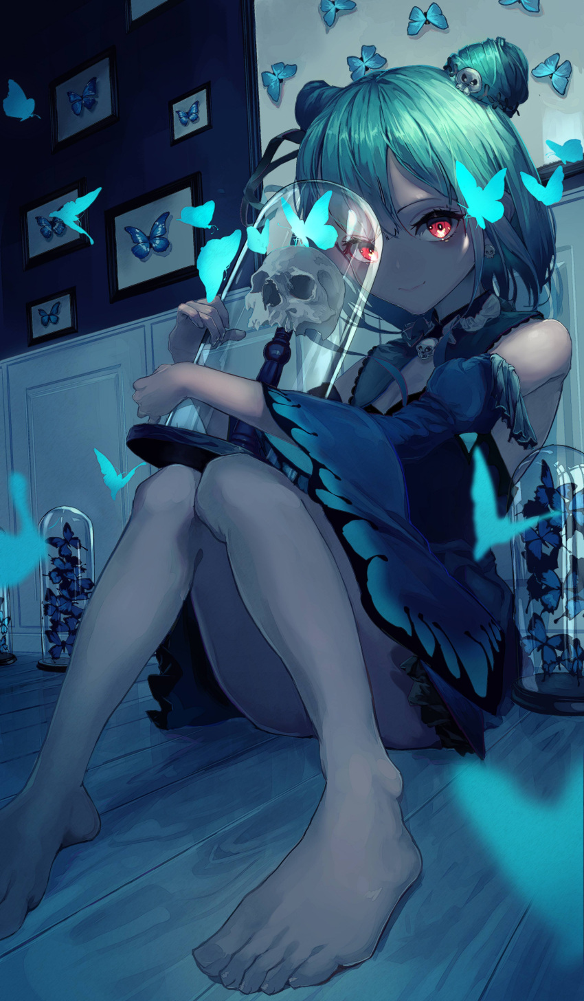 1girl, absurdres, animal_print, bangs, bare_legs, bare_shoulders, barefoot, blue_dress