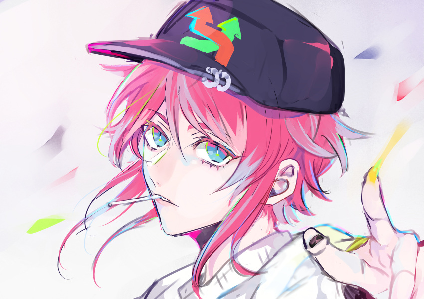 1boy, absurdres, amemura_ramuda, bangs, black_headwear, black_nails, blue_eyes, cigarette
