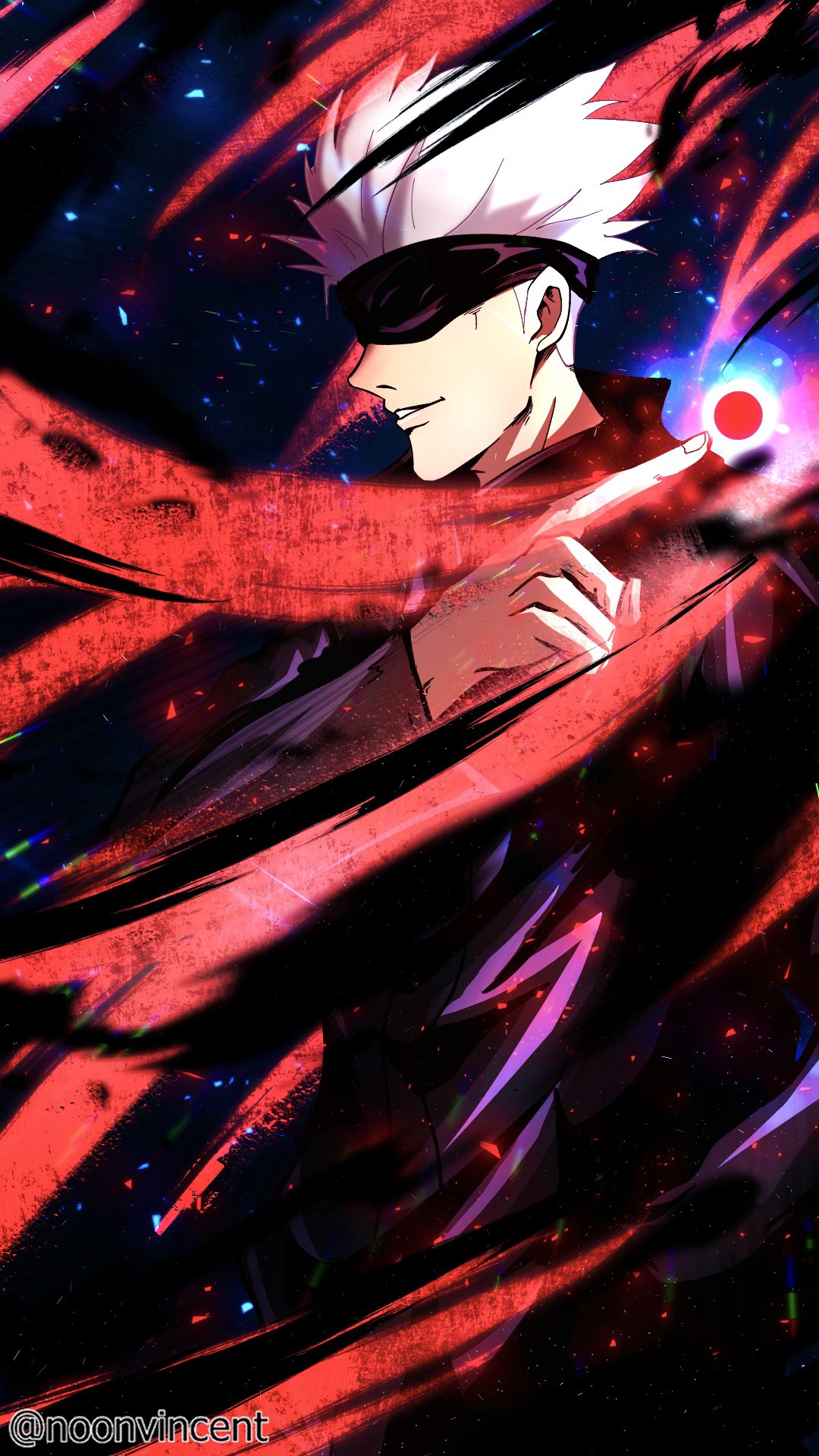 1boy, aura, black_jacket, blindfold, covered_eyes, gojou_satoru, grin, hand_up