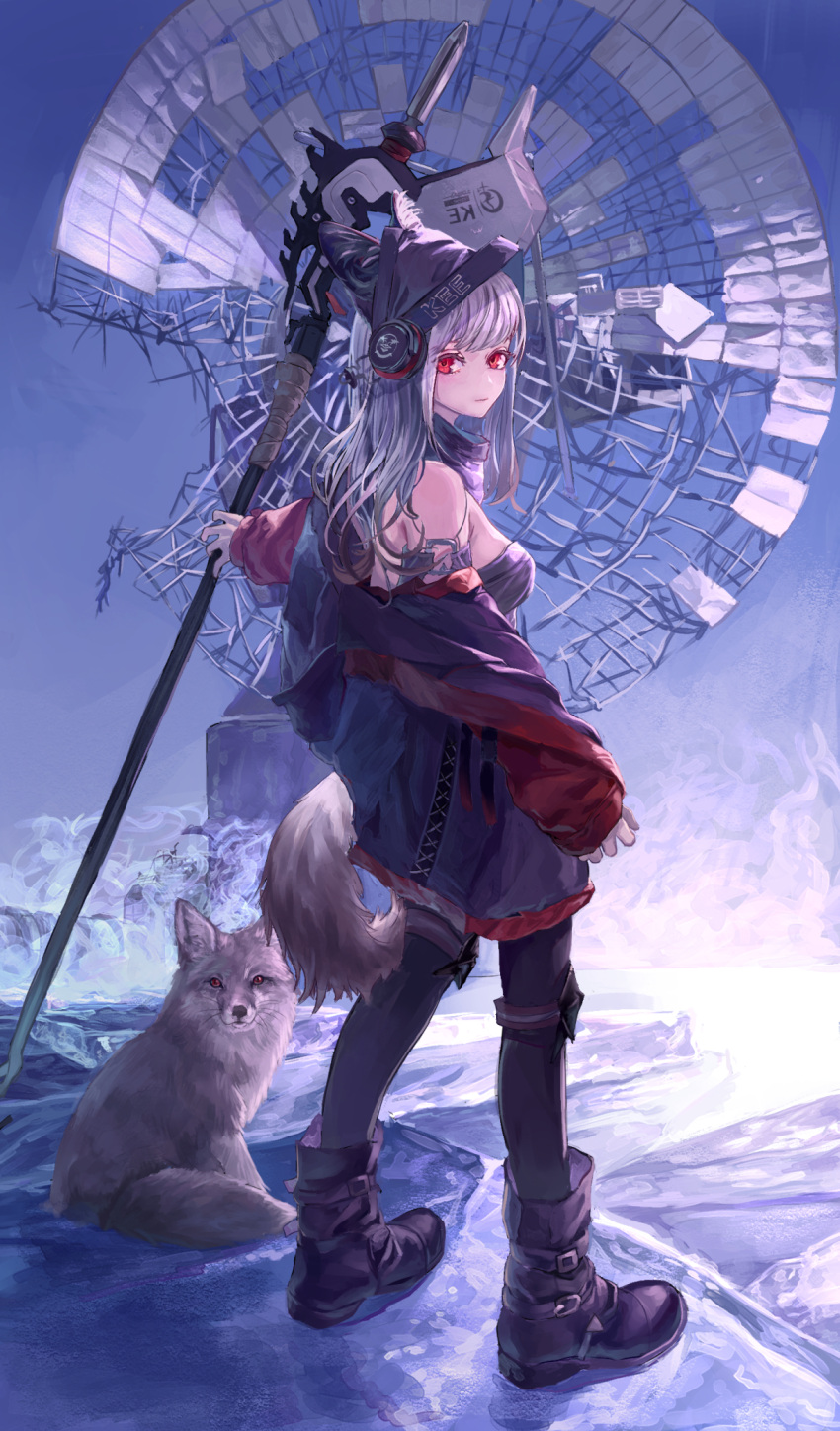 1girl, animal, animal_ears, arknights, bangs, bare_shoulders, black_headwear, black_legwear