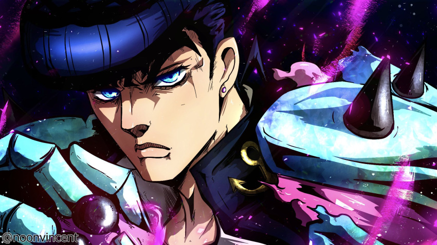 1boy, anchor_symbol, armor, black_hair, blue_eyes, blue_hair, brooch, crazy_diamond