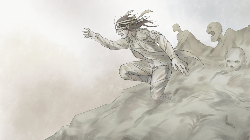 1boy, armband, bandage_over_one_eye, bandages, black_hair, brown_hair, coat, eren_yeager, ezgbora, highres, long_coat, long_hair, long_sleeves, my_war_(shingeki_no_kyojin), open_mouth, outstretched_arm, outstretched_hand, reaching, reaching_out, shingeki_no_kyojin