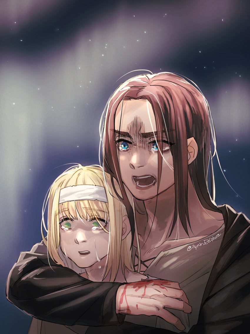 1boy, 1girl, aurora, bangs, black_coat, black_hair, black_jacket, blonde_hair