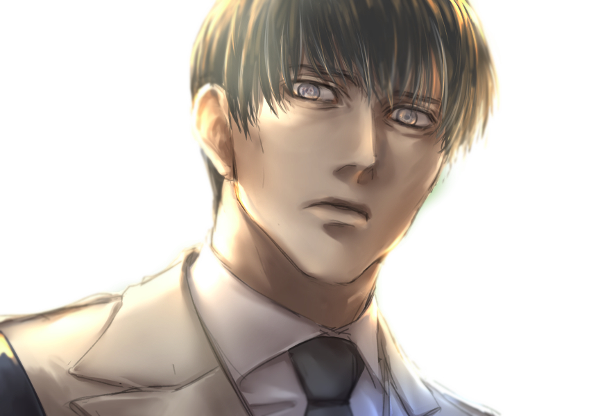 1boy, black_eyes, black_hair, brown_hair, coat, eren_kruger, formal, long_coat, looking_at_viewer, male_focus, marley_military_uniform, military, military_uniform, necktie, seepcobalt, shingeki_no_kyojin, short_hair, solo, suit, uniform