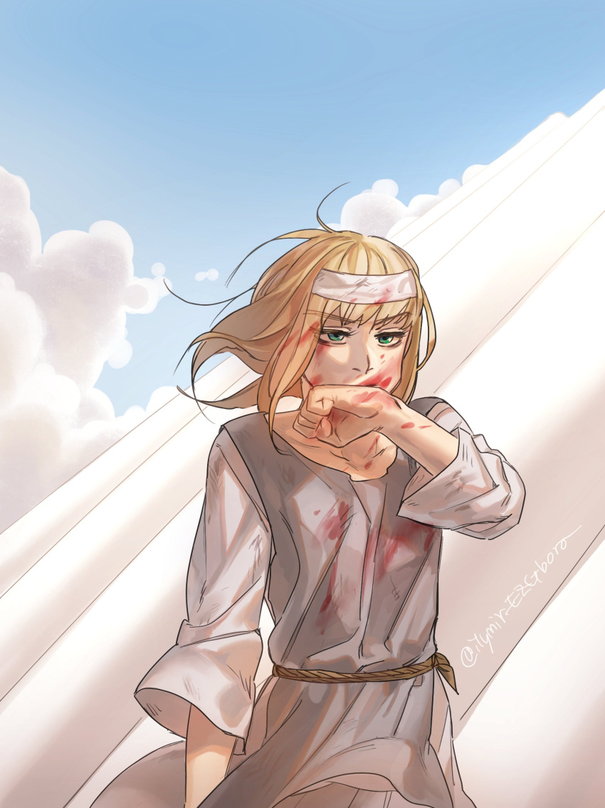 1girl, absurdres, angry, bangs, blonde_hair, blood, blood_on_face, bloody_clothes