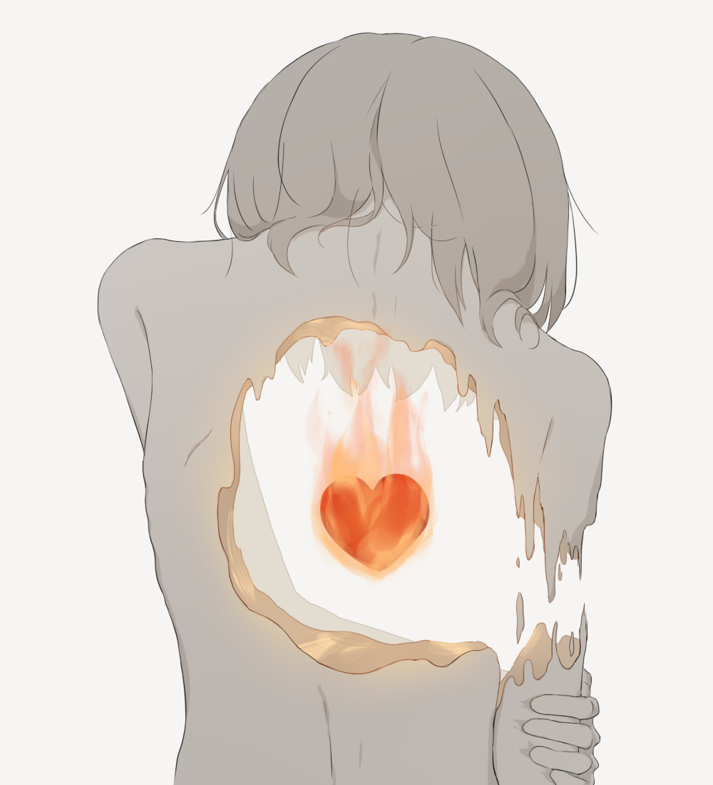 1other, avogado6, burning_heart, commentary_request, completely_nude, detached_arm, facing_away, from_behind