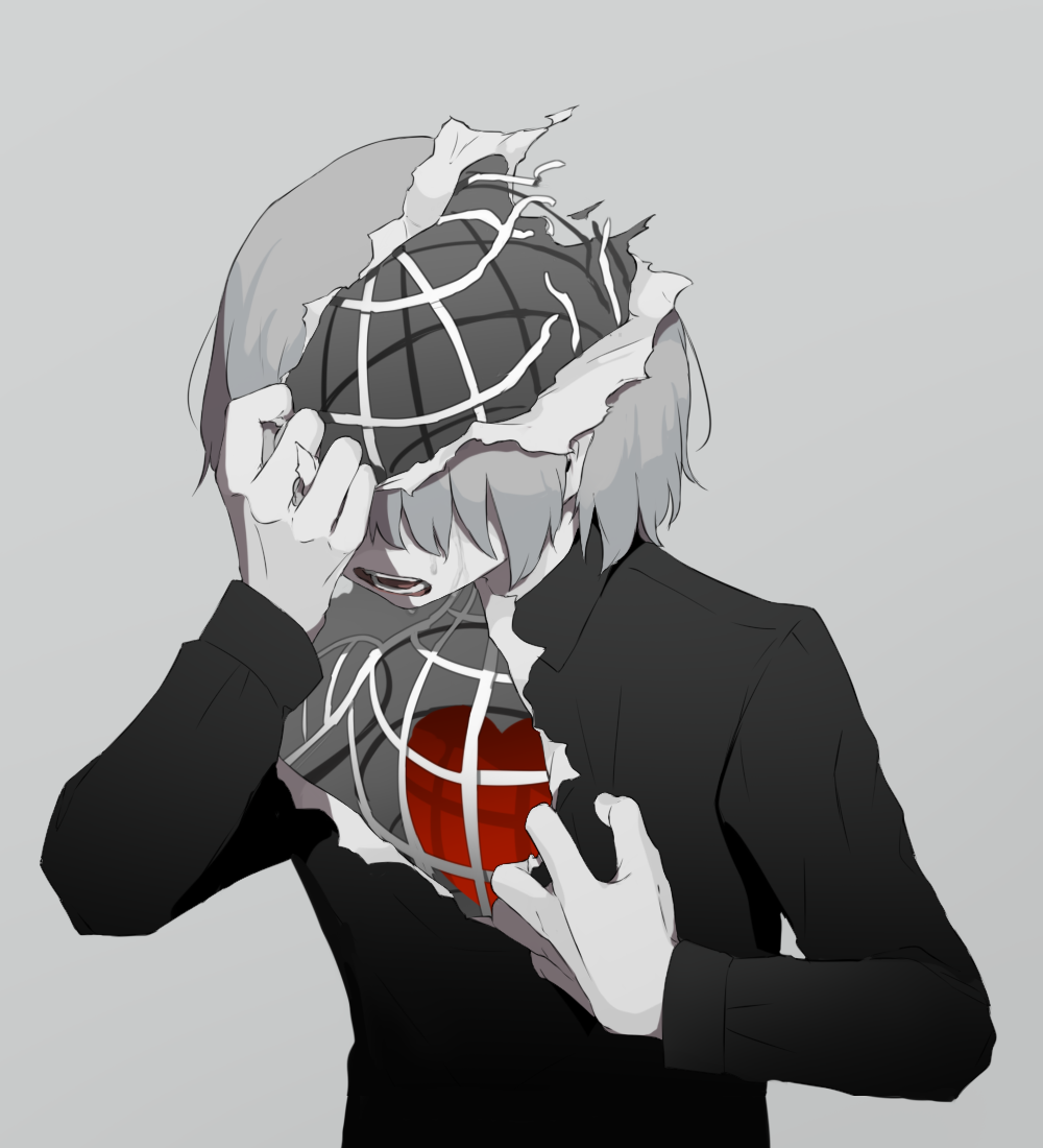 1boy, avogado6, black_shirt, colored_skin, commentary_request, crying, grey_background, grey_hair