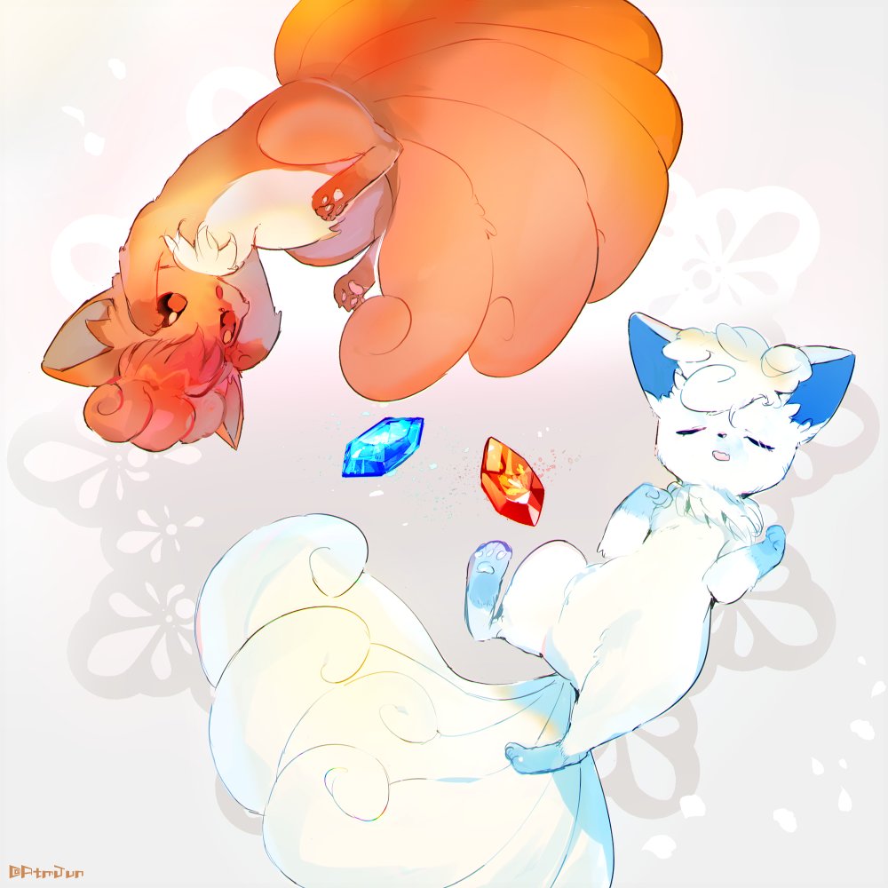 :o, alolan_and_normal, alolan_form, alolan_vulpix, atsumi_jun, closed_eyes, evolutionary_stone, fire_stone
