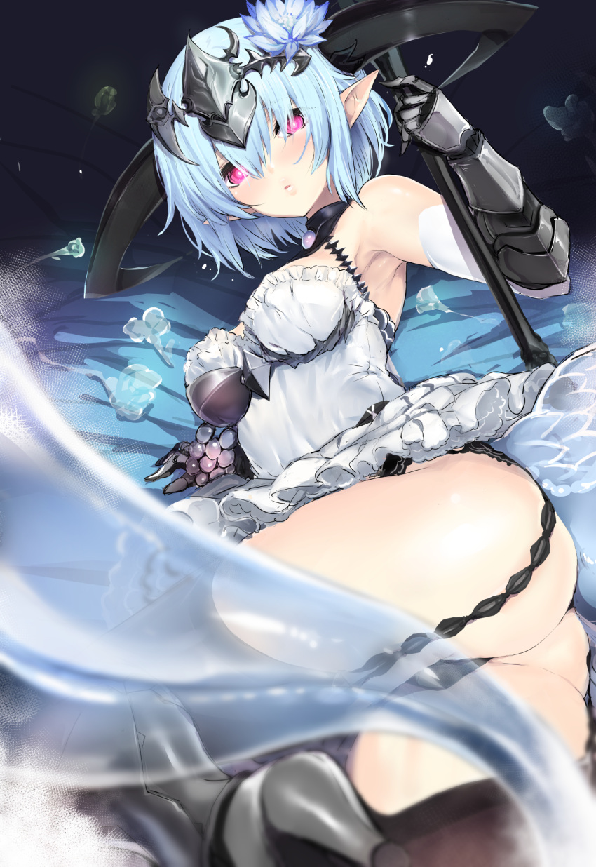 1girl, ass, bangs, blue_hair, breasts, dress, hair_ornament, highres