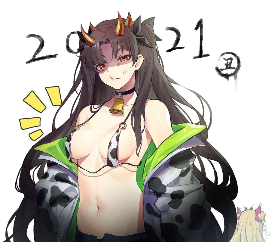 2021, 2girls, anger_vein, animal_ears, animal_print, bangs, bare_shoulders, bell