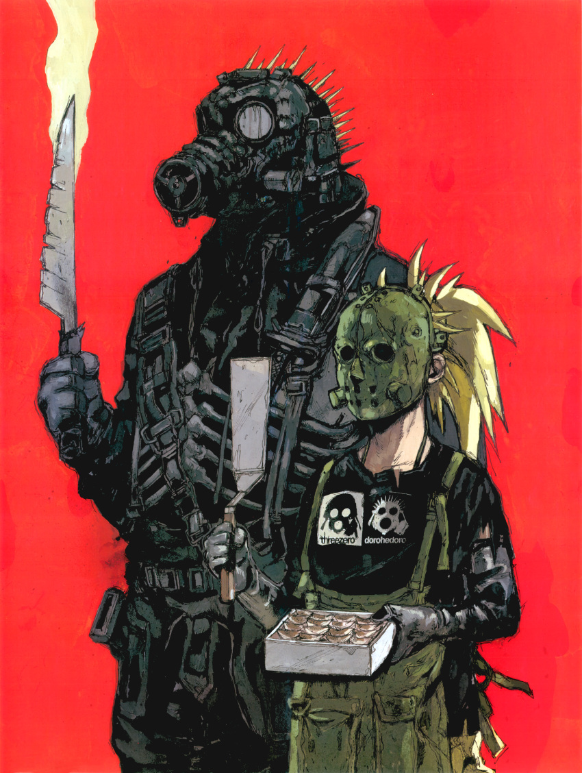 absurdres, armor, dorohedoro, food, highres, jacket, kaiman_(dorohedoro), knife
