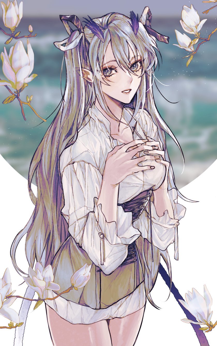 1girl, bangs, breasts, bunny_commission_(com_n_31), commission, corset, english_commentary, flower