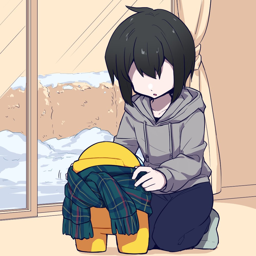 2others, ambiguous_gender, among_us, black_hair, commentary_request, crewmate_(among_us), curtains, hood, hoodie, indoors, jacket, keyman, kneeling, long_sleeves, looking_at_another, multiple_others, no_arms, no_eyes, open_mouth, scarf, sliding_doors, snow, socks, space_helmet, spacesuit, winter