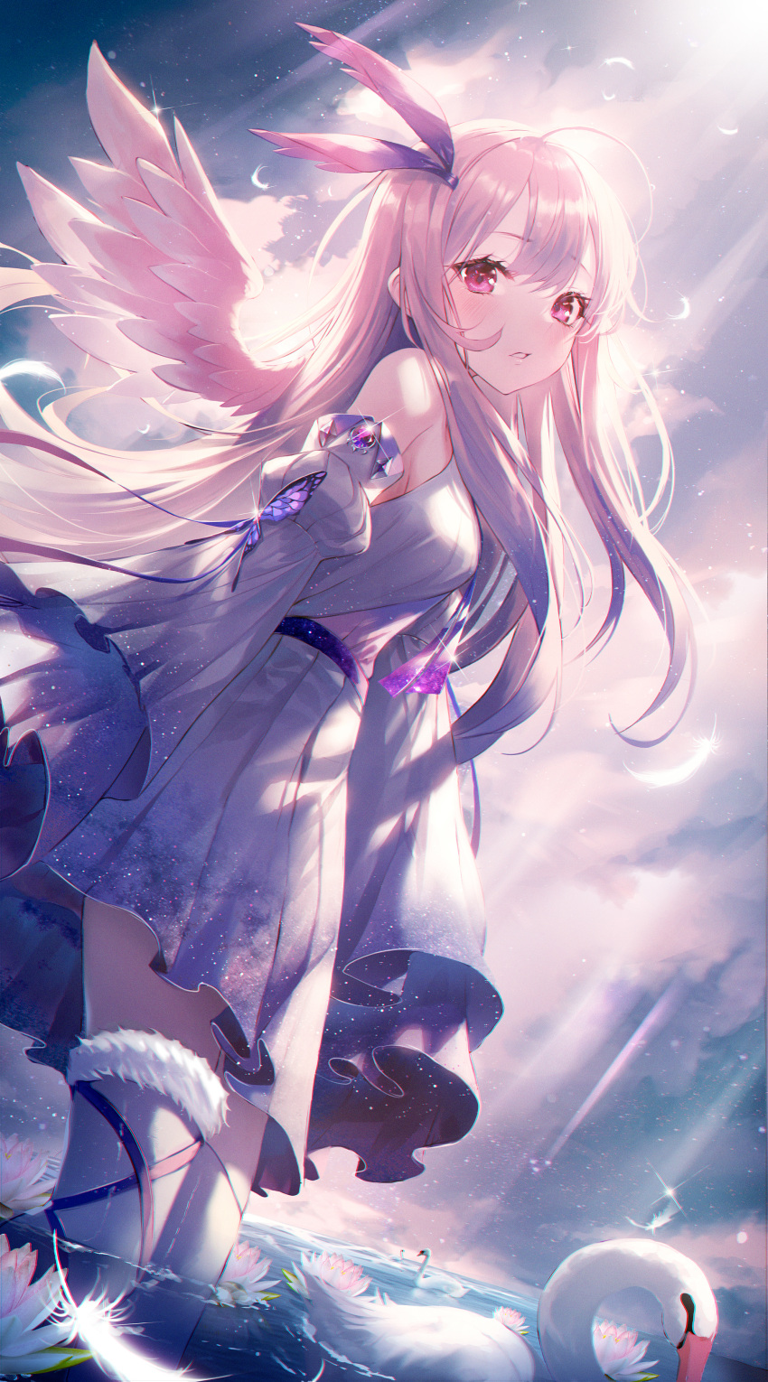 1girl, absurdres, angel, angel_wings, animal, bird, clouds, detached_sleeves